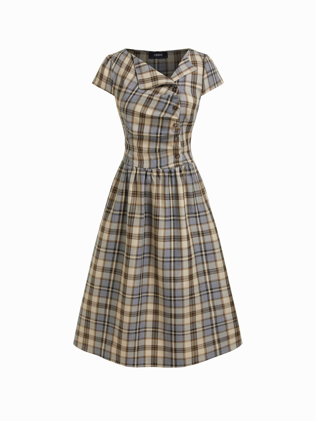 Asymmetrical Neck Tartan Ruched Tie Back Midi Flared Dress