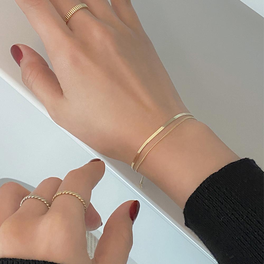 14k 18k 뱀줄 스네이크 커브 두줄 체인 팔찌 - 금 레이어드 남자 명품 커플 데일리