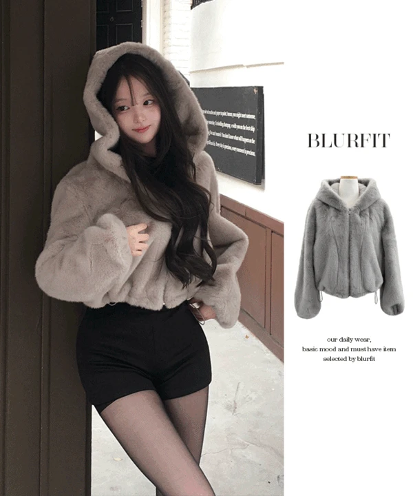 [ 겨울코디🖤 ] 테드 크롭 밍크 퍼 스트링 후드집업 점퍼