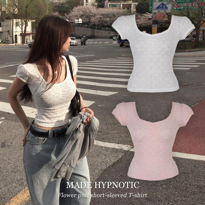 [MADE:자체제작]플라워 퍼프소매 반팔 티셔츠
