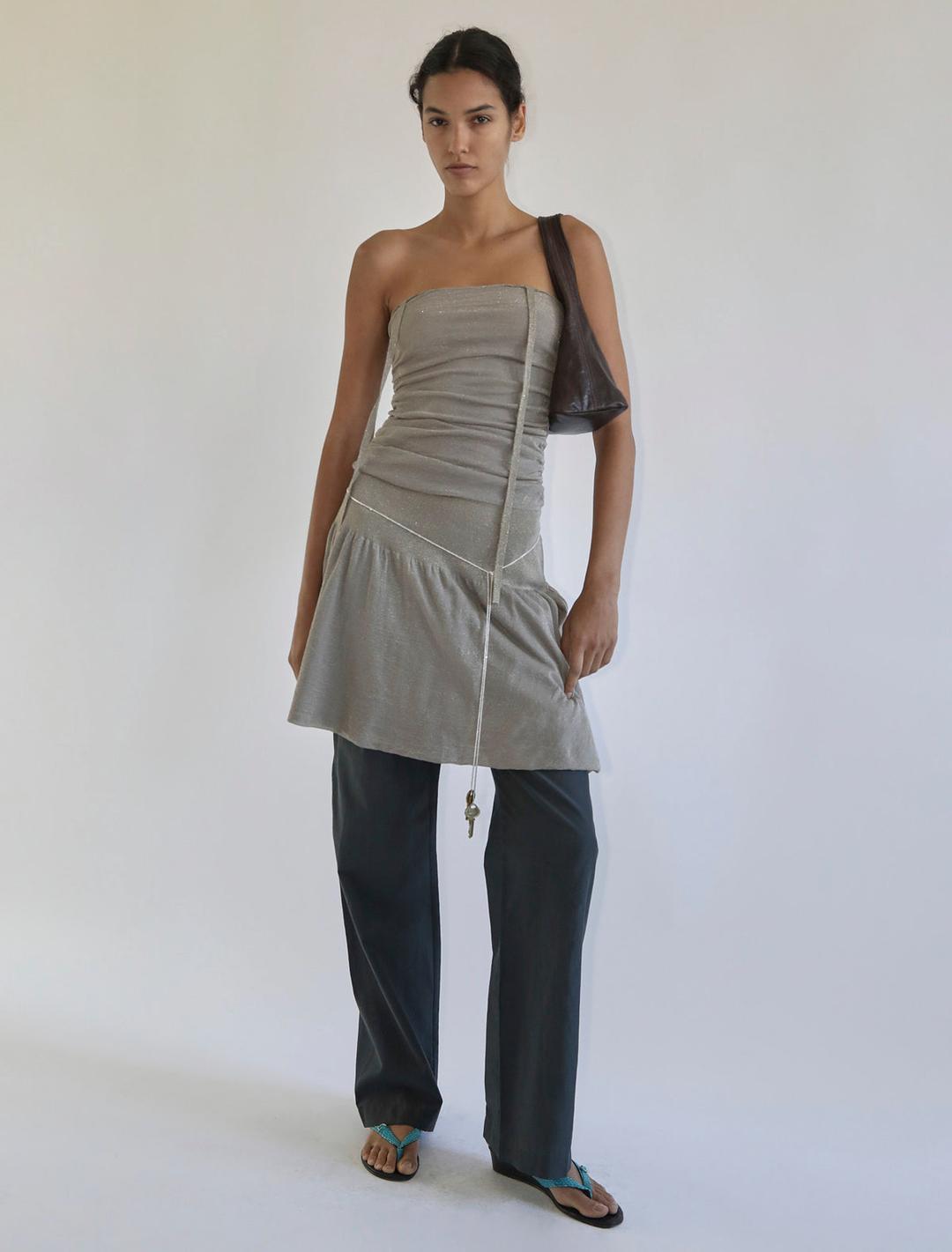 JENY-Grey fitted, bandeau dress with adjustable straps