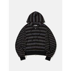 Striped knit hoodied zip up / Black charcoal