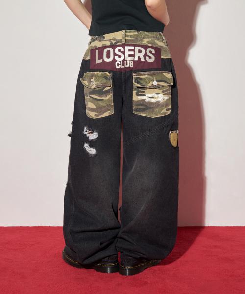 카모 믹스 데미지 와이드 데님팬츠 블랙