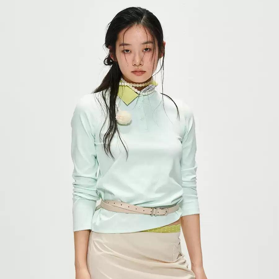 9266 STUDIO 카라티 민트 그린 브라이트 페이크 투피스 배색 티셔츠