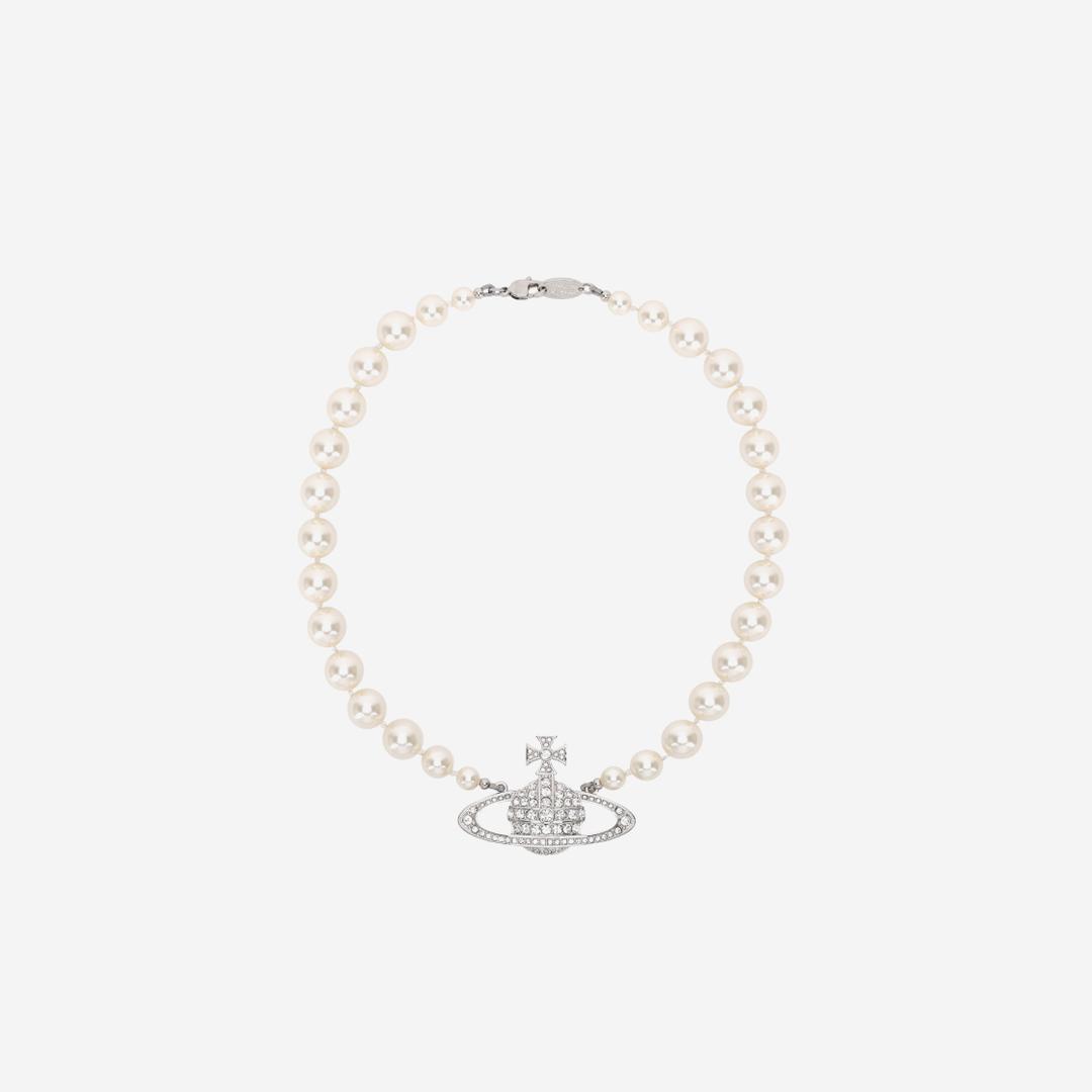 Vivienne Westwood One Row Pearl Bas Relief Choker Silver