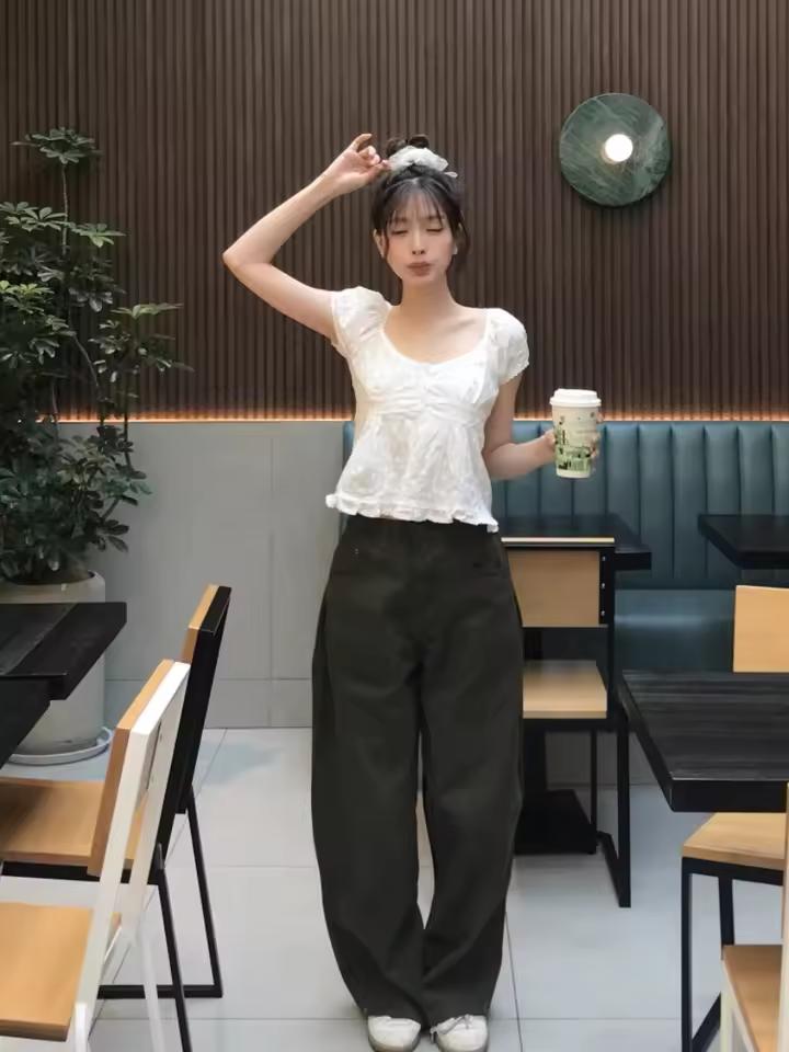 슬리밍 효과 버블 슬리브 반소매 티셔츠 딥 그린 캐주얼 바지 한국 스타일 통근 퓨어 컬러 수분 흡수