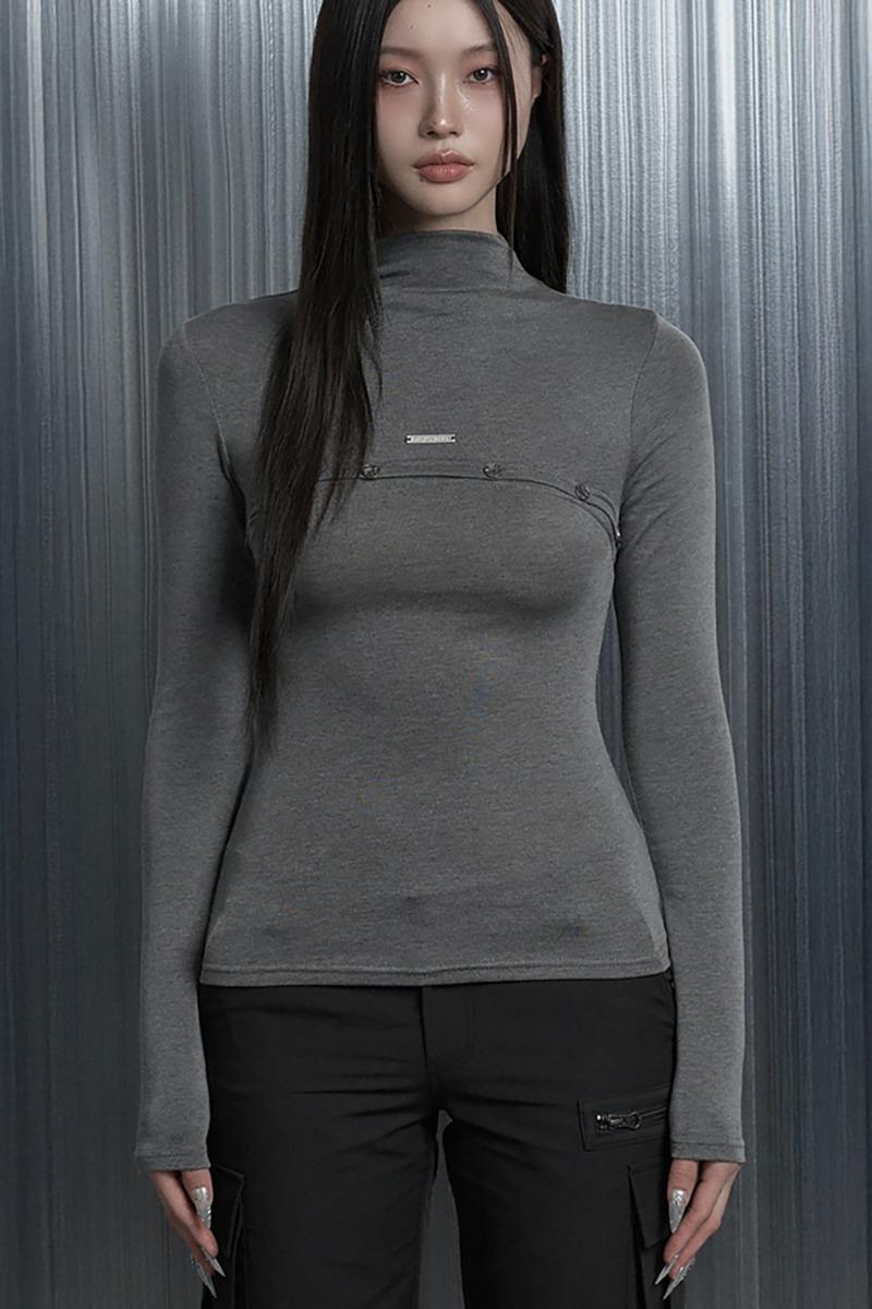 On-Off Button Split Long Sleeve Tee (Gray)
