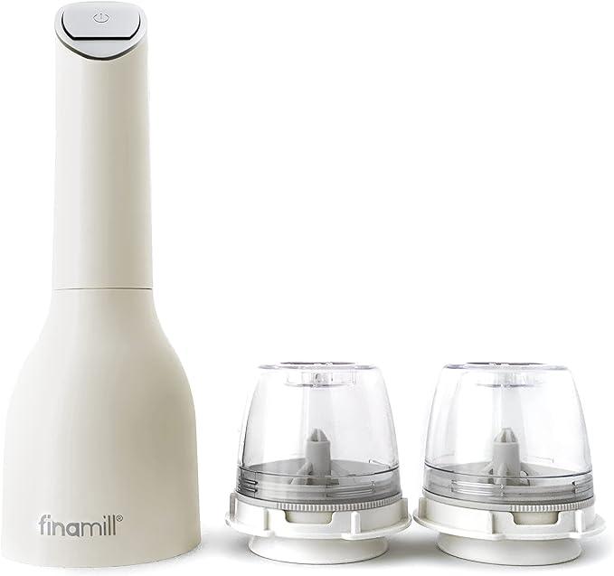 FinaMill - 배터리 작동 일체형 페퍼 밀 & 향신료 그라인더 수상작, 굵기 조절, 세라믹 그라인딩, 원터치 기능, LED 조명, 신속 교체 프로 플러스 2개 포함