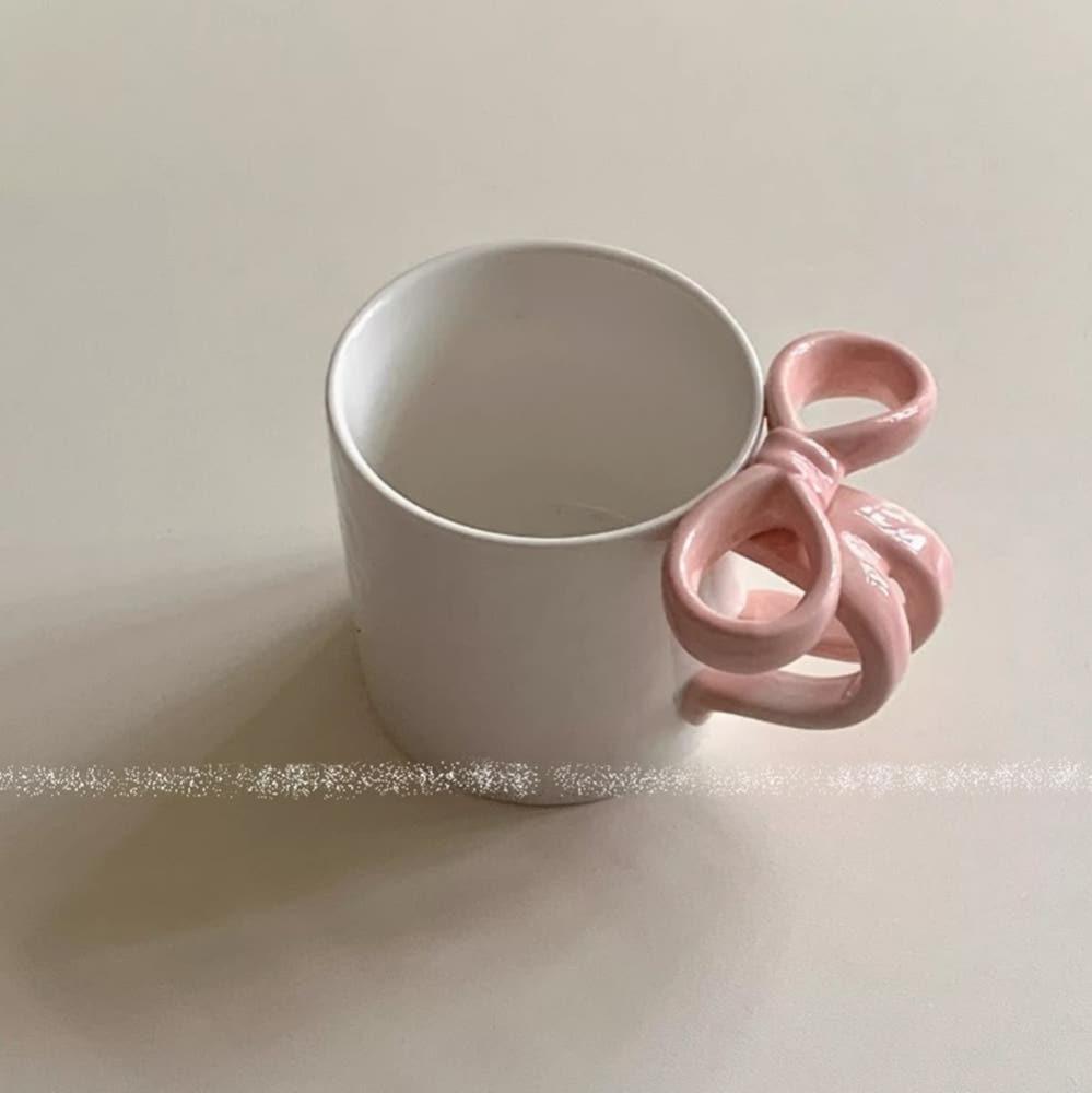 고심 리본 귀여운 머그 컵 접시 세트 플레이트 디저트 핑크