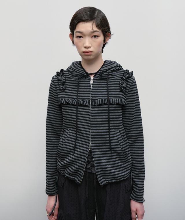 Ruffled Stripe Zip Hoodie [Black]