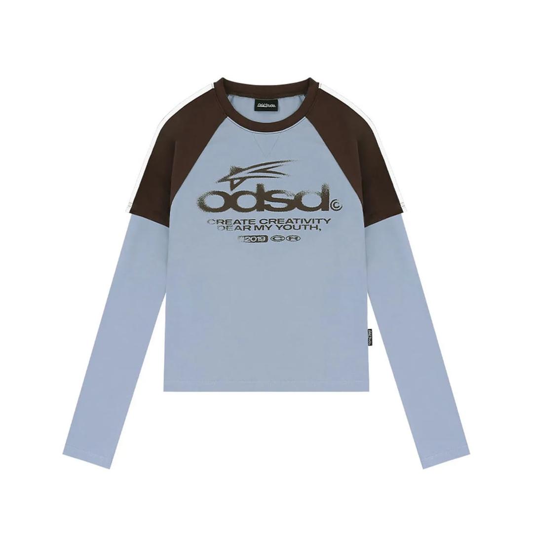 ODSD 래글런 트랙 세미 크롭 티셔츠 - SKY BLUE / BROWN