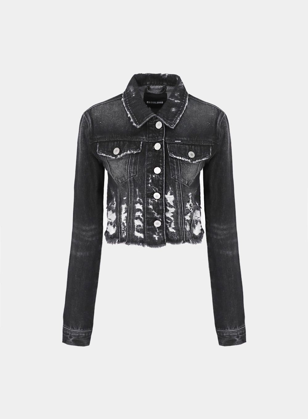 [w-jkt23-021] 디스트레스드 크롭 데님 자켓 슬림핏 - 블랙