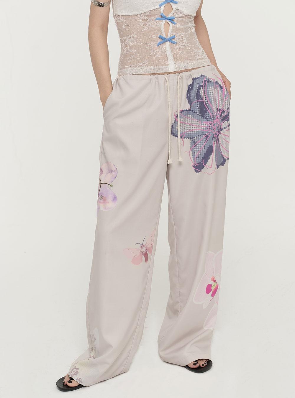 Flower Hand-Drawn Print Drawstring Casual Pants