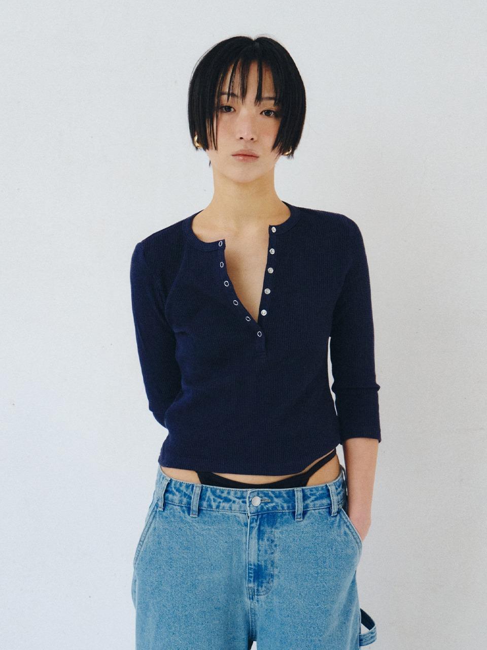 [PLZPROJECT]3/4 SLEEVE HENLEY T-SHIRT, NAVY