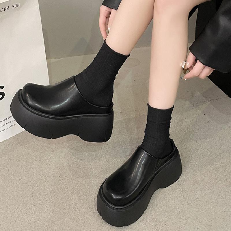 큐티팝 🖤7cm 통굽 플랫폼🖤 [캐주얼&클래식한 룩 선사!] 동글동글 키높이 경량 블로퍼 통굽 슬리퍼 black (HI~163) // 두꺼운굽 블랙  뮬 블로퍼 심플 베이직  유니크 키높이 신발