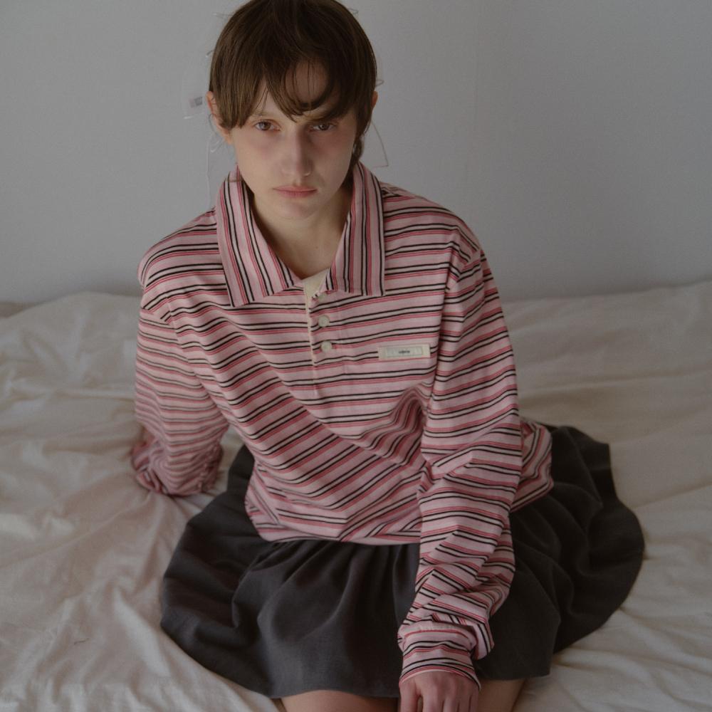 STRIPE STRING COLLAR T-SHIRT_PINK