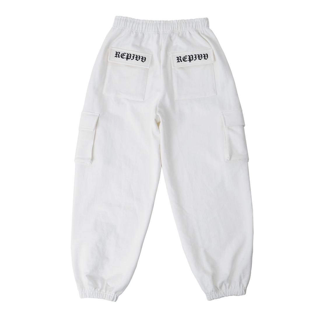 Distressed Logo Cargo Jogger Pants (White)
