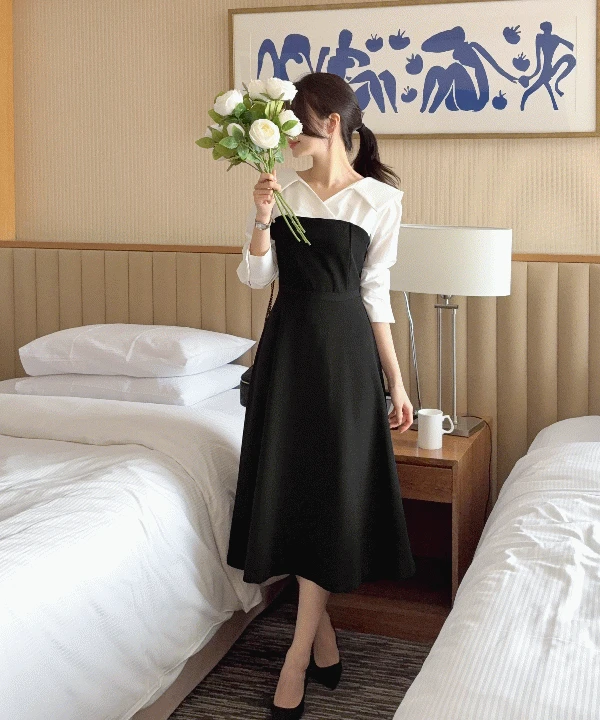 벨 셔츠 레이어드 롱 원피스