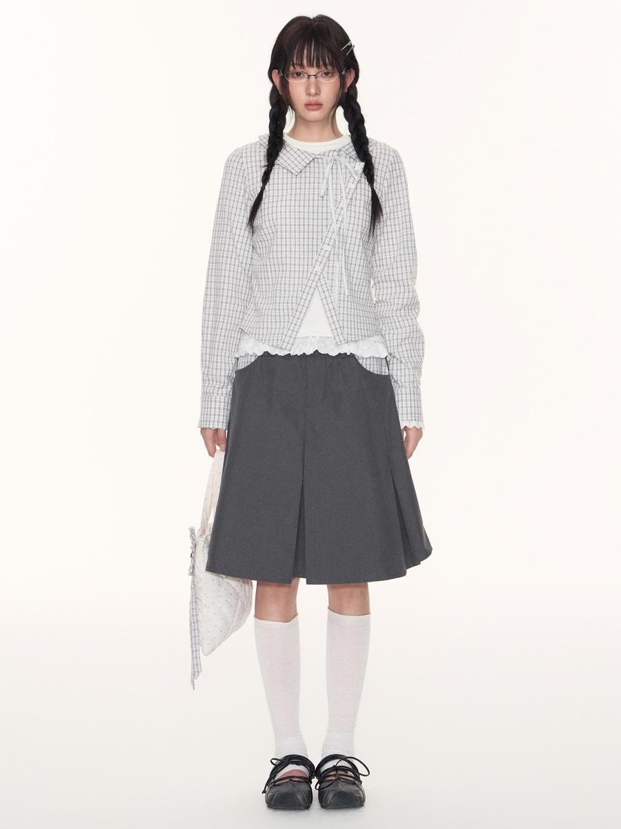 TAKEANAP Gingham Bow Oblique Shirt & Patchwork Pleated Skirt