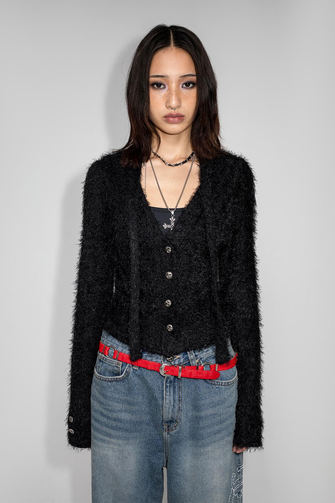 STRAP TWEED CARDIGAN BLACK