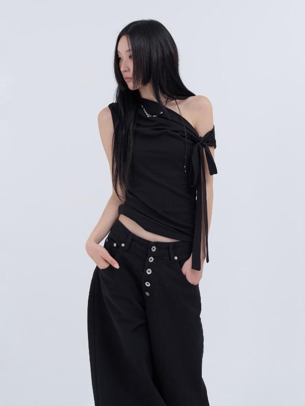 one shoulder drape ribbon top