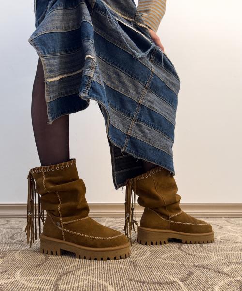 [X YASE] pigtail boots (suede camel)
