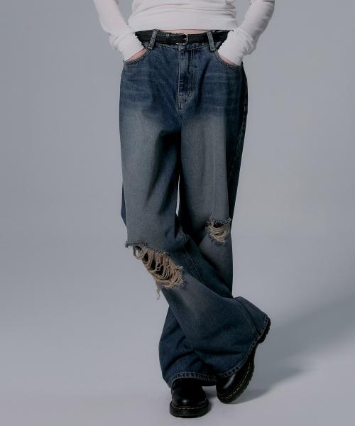 밀리언코르(MILLIONCOR)  [9663] 데미지 워시드 와이드 데님 (중청) - 사이즈 & 후기 | 무신사