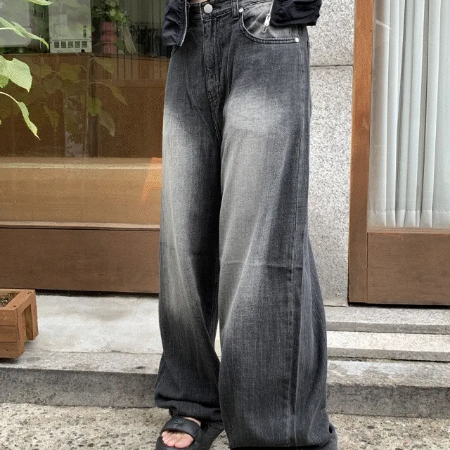 [후들후들,소장템🖤] 썸머 간절기 시와 워싱 데님 와이드 롱 팬츠