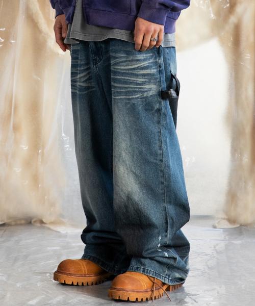 XP252 레더 루프 더티 워싱 데님 팬츠 (BLUE)