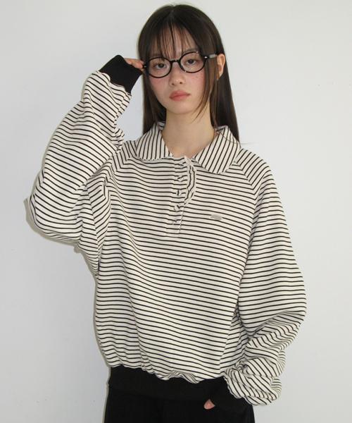 HENRYNECK FRILL POINT SWEATSHIRT ECRU BLACK STRIPE