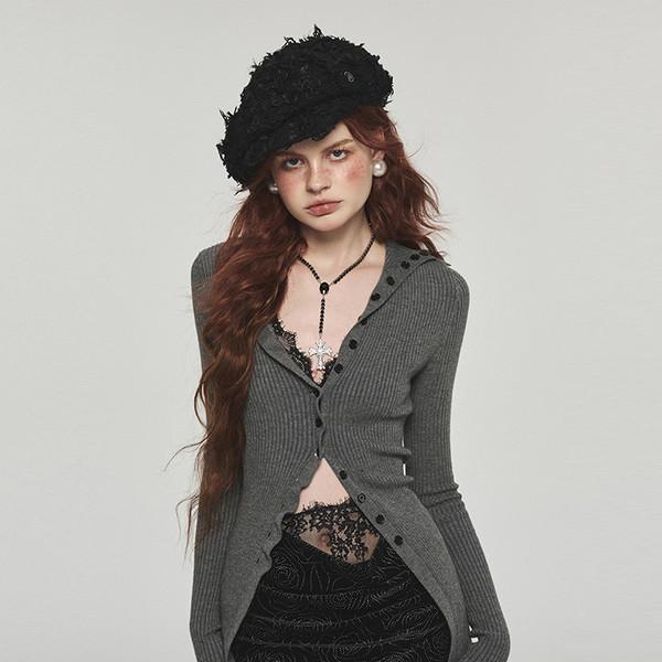 1JINNSTUDIO lace high-neck long knit cardigan