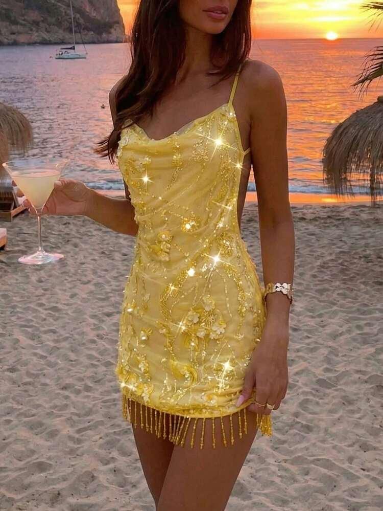 Opulessa 여성 플로럴 장식 백리스 섹시 스파게티 스트랩 미니 드레스