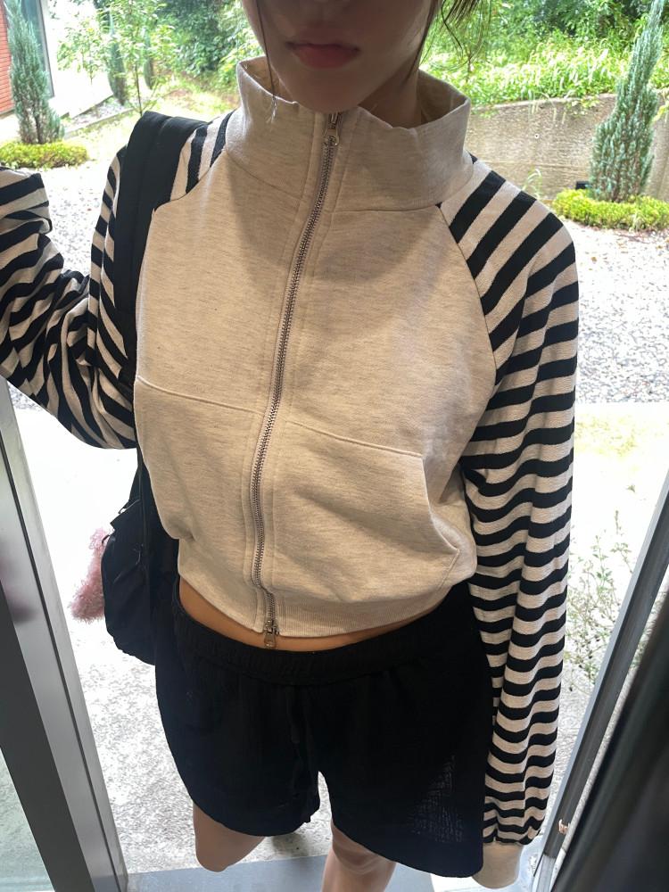 스트라이프 투웨이 단가라 크롭 집업 (3color)