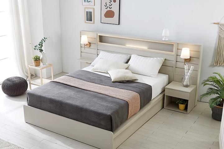 호텔식 피렌체 편백아트월 LED조명 평상형 침대 SS/Q/K/LK