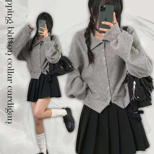 후노 겉기모 벌룬핏 아방 스냅 단추 카라 긴팔 가디건