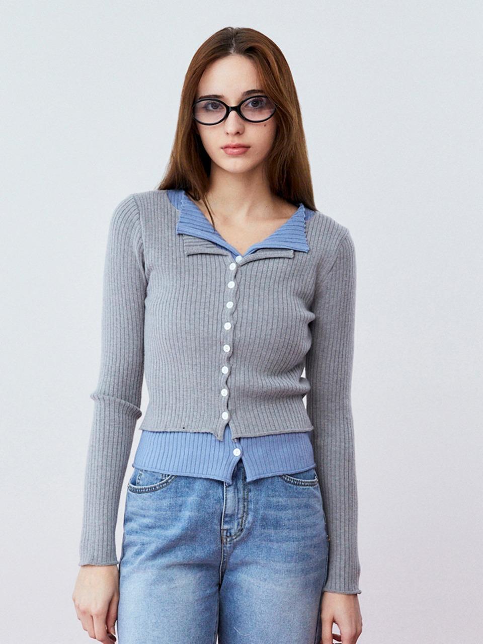 배색 레이어드 카라 가디건 (그레이)