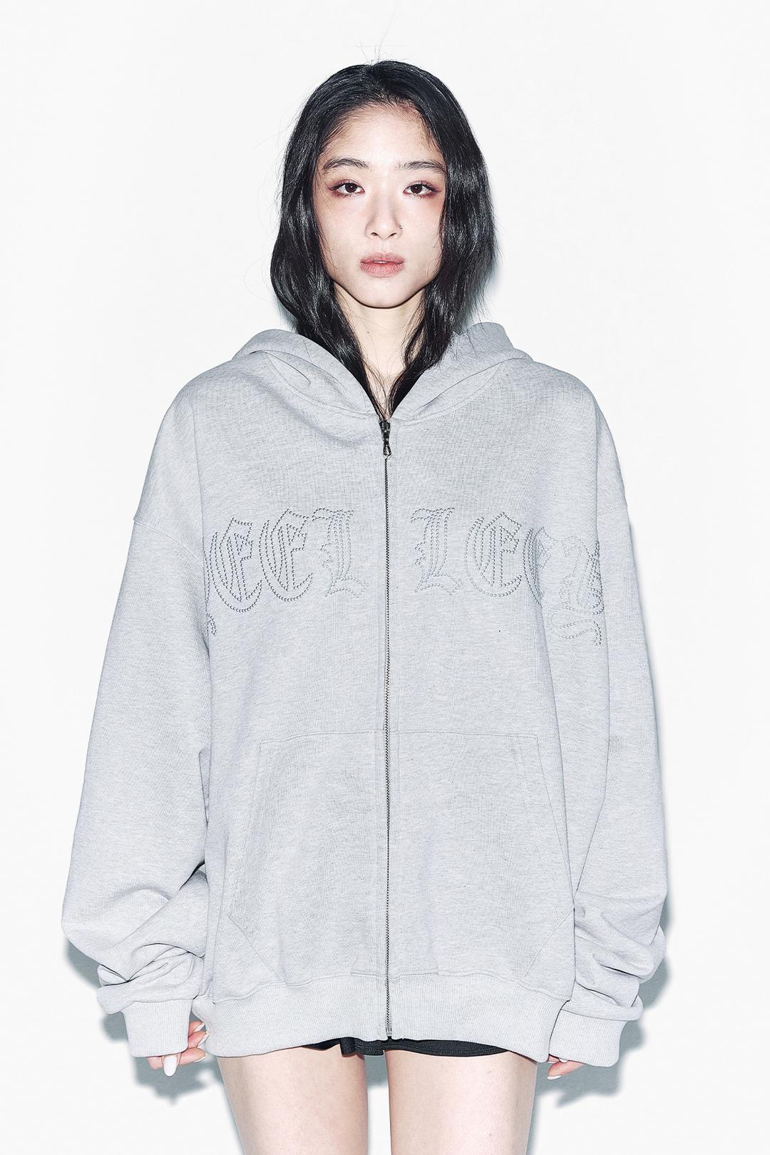 STUDDED ZIP-UP HOODIE OVERSIZED GREY