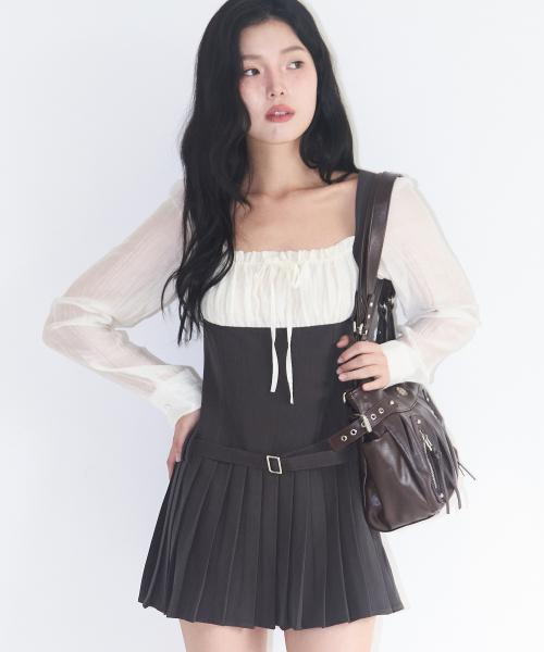 프레피 리본 플리츠 원피스 차콜