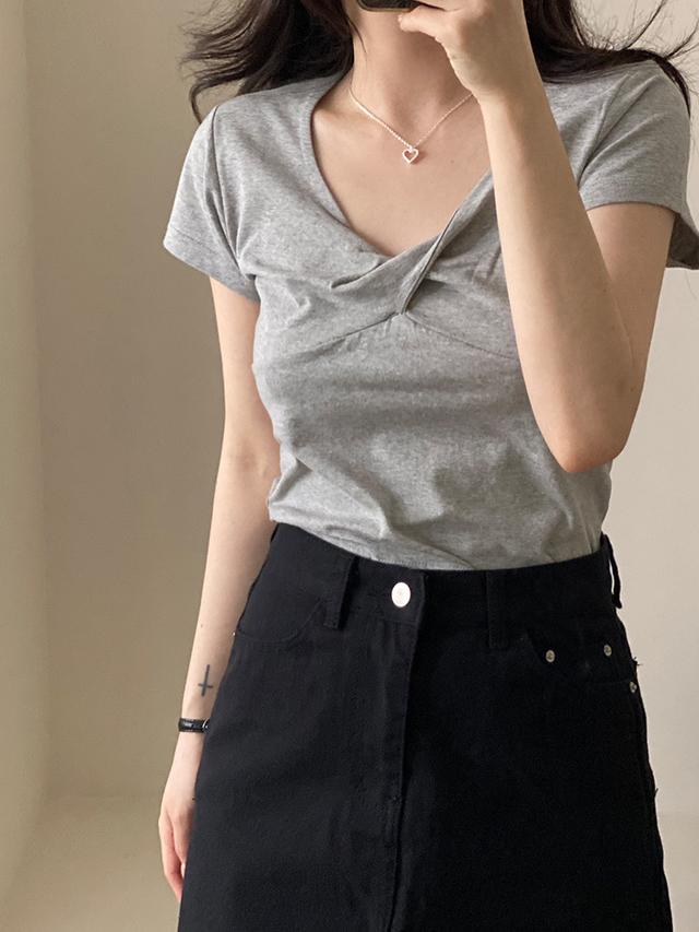 마이부 셔링 꼬임 크롭 반팔 티셔츠