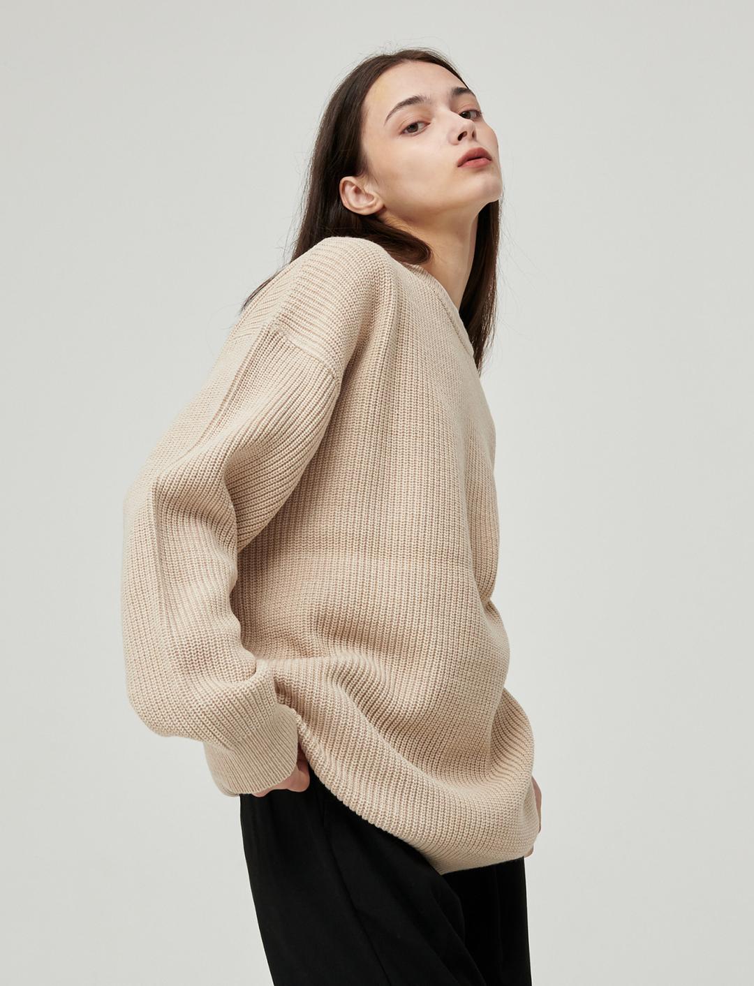 오버핏 와플 라운드 니트 베이지