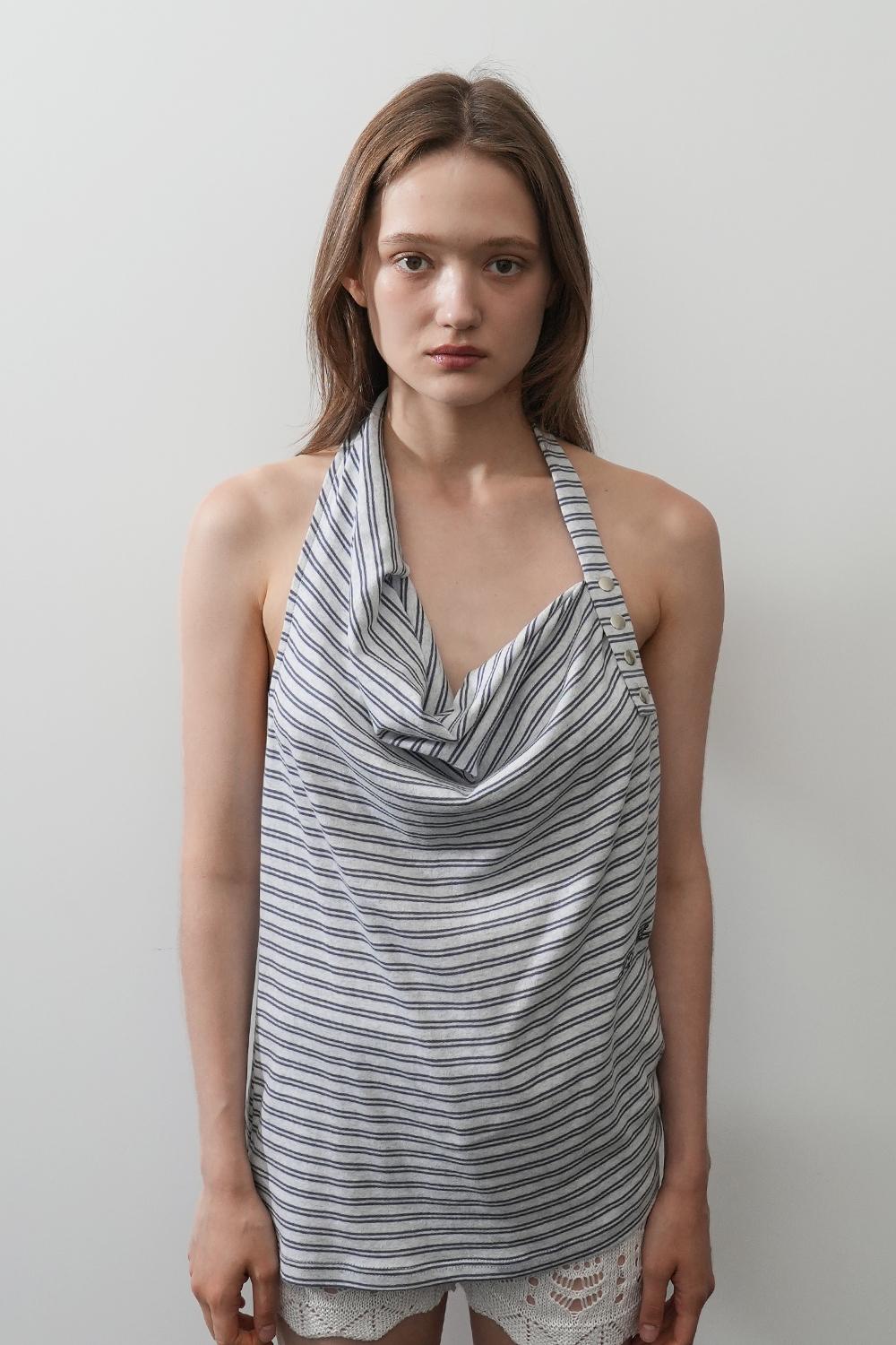 Halter Button Backless Top-Blue Stripe