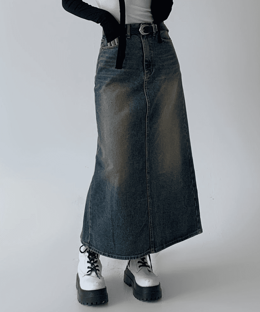 [S~3XL] 위드 빈티지 워싱 밴딩 롱 데님 스커트 (2 colors)