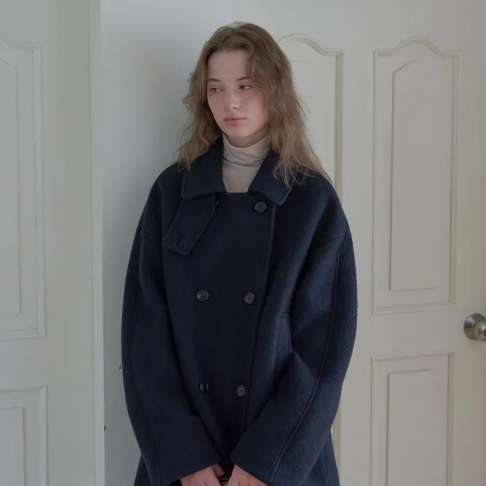 WOOL ALPACA BLEND HALF PEACOAT, NAVY