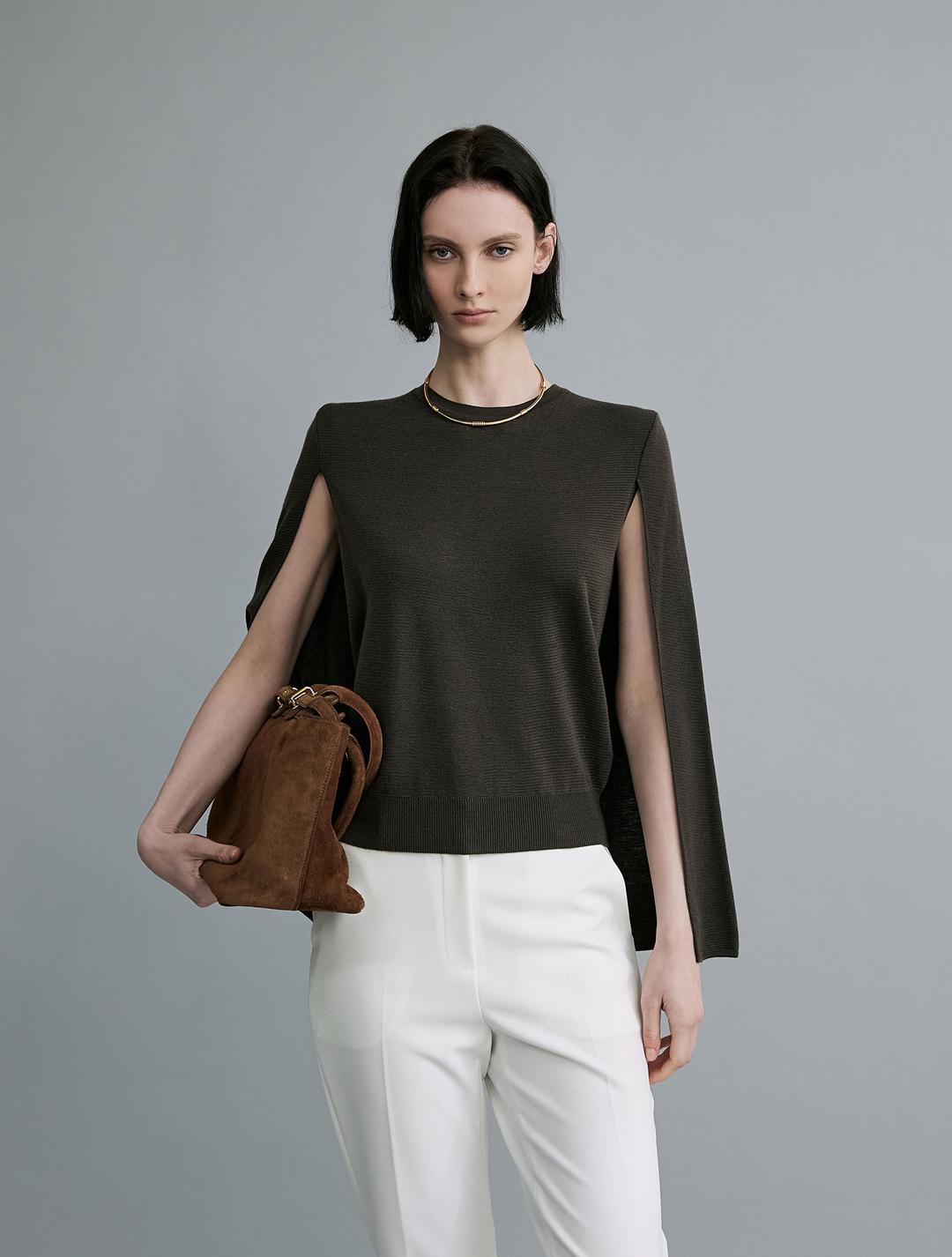 Cape Layered Soft knit Pullover - Brown