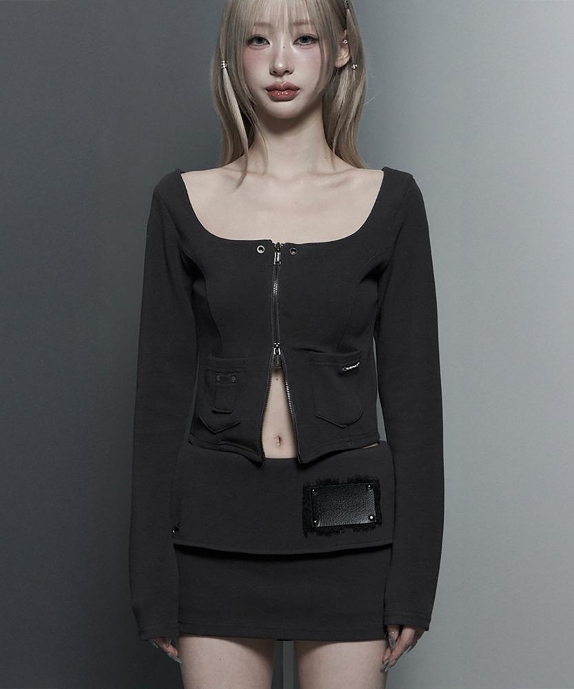 Square Button Point Slim-Fit Long Sleeve Top (Dark gray)