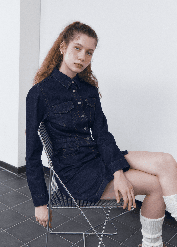 [POP] 여성 BBK 셔츠형 긴팔 원피스_BLUE BLACK | 게스코리아