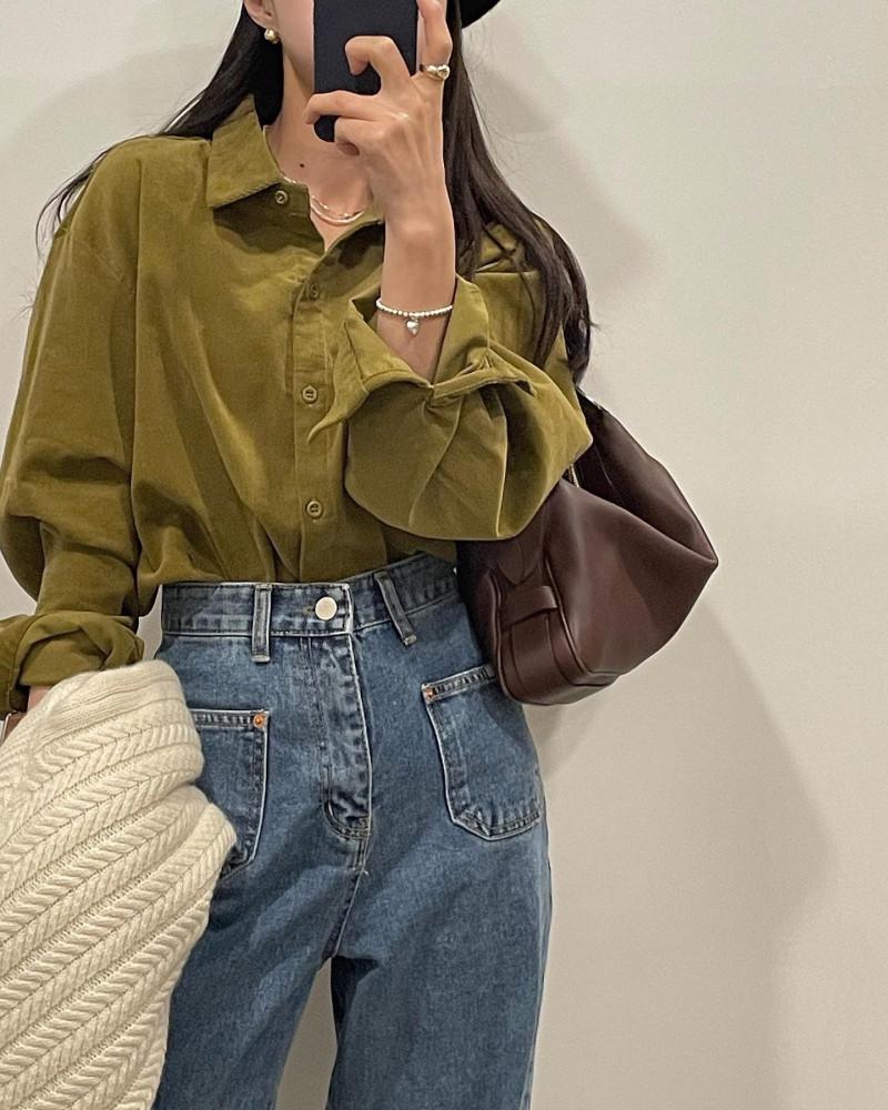 오벨 여성 겨울 긴팔 카라 루즈핏 레이어드 이너 코듀로이 골덴 셔츠