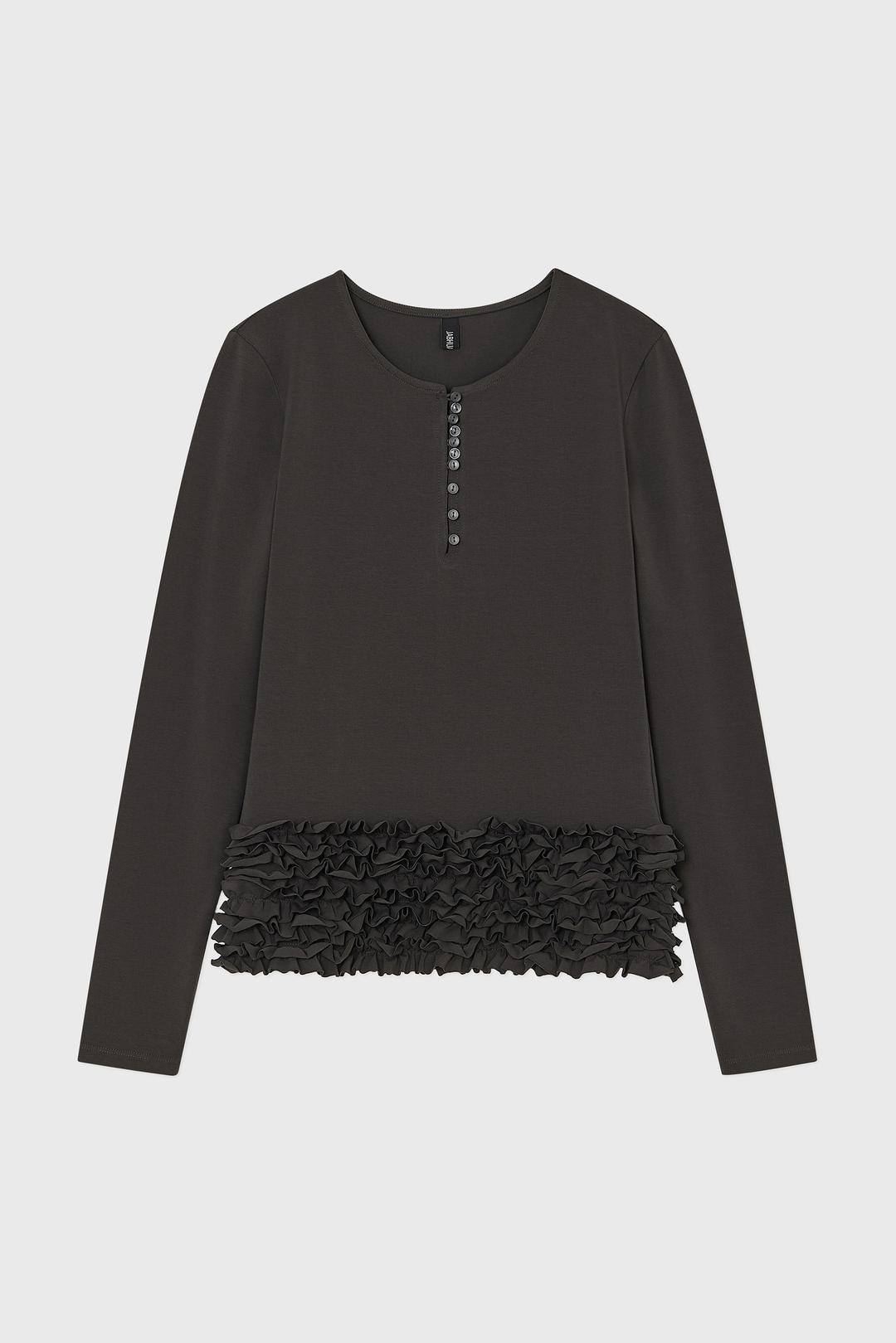 FRILL BUTTON TOP, (CHARCOAL)