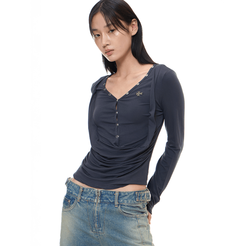 DRAPED HENLEY TOP (CHARCOAL)