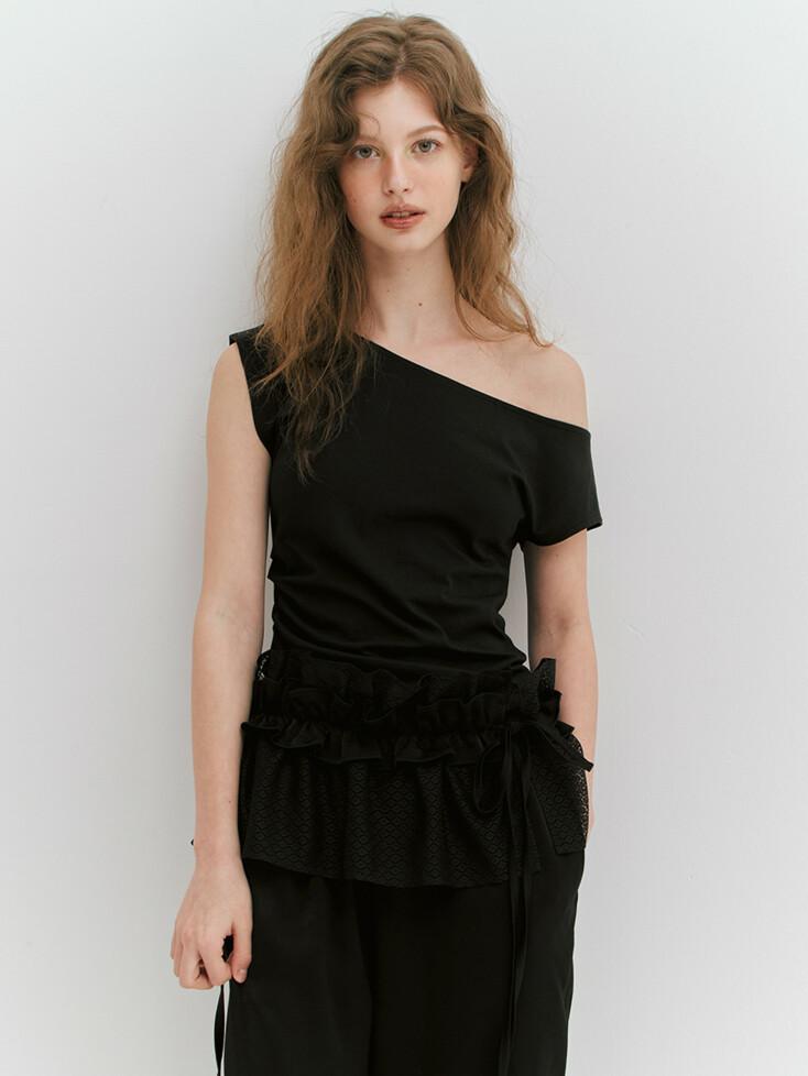 UNBALANCE SHIRRING SLEEVELESS - BLACK